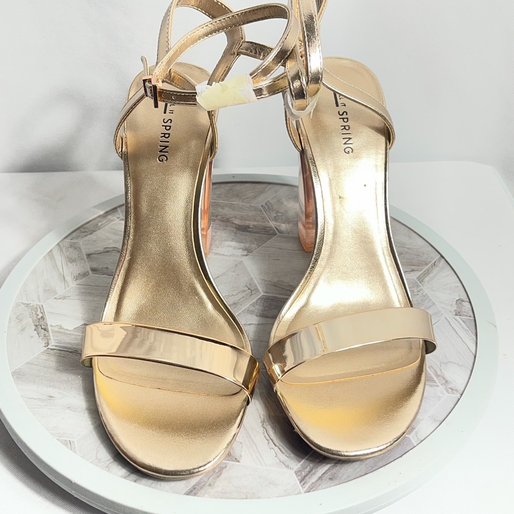 Call It Spring Gold Strappy Block Heel Sandals Clear Heel Size 10
